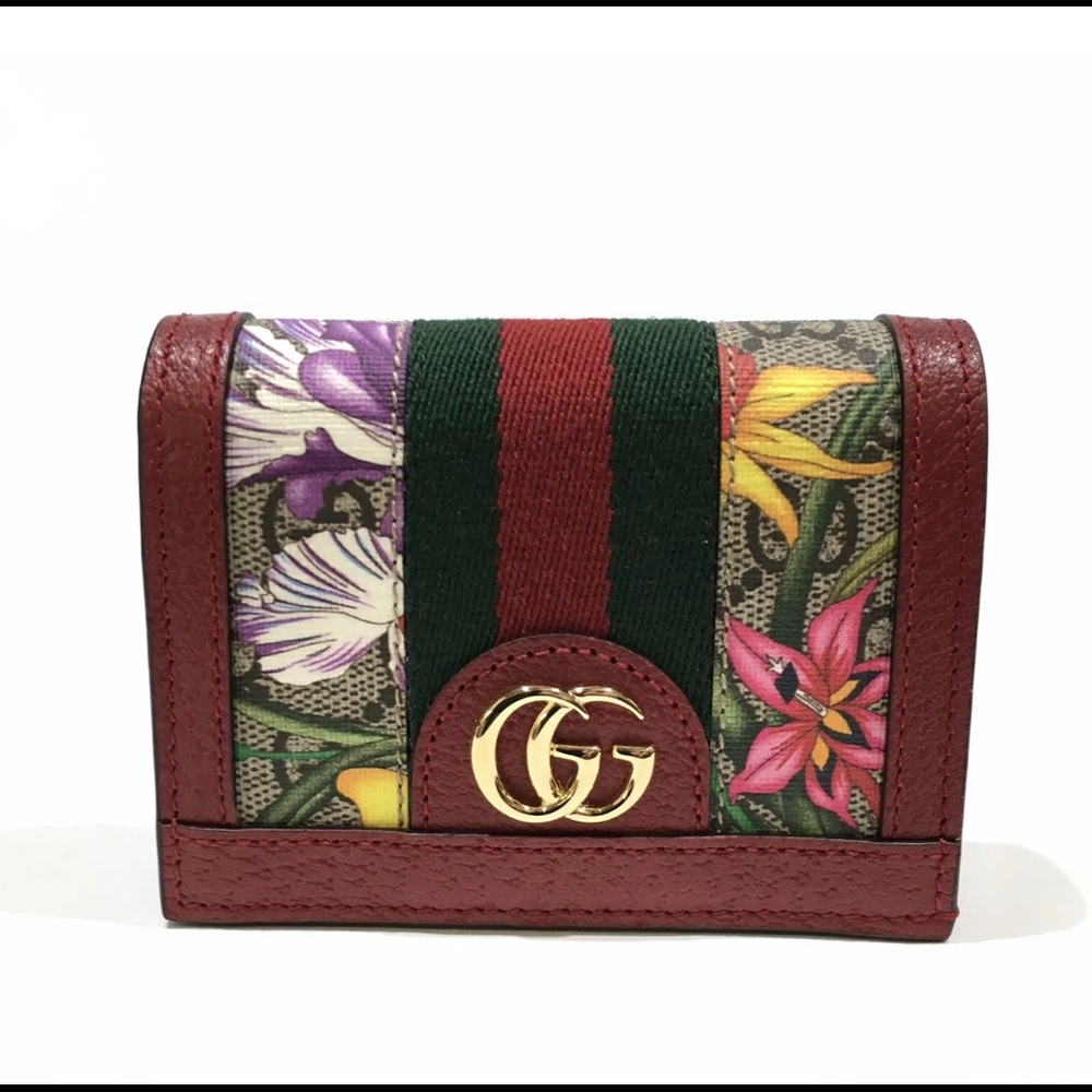 NIB GUCCI Ophidia GG Supreme Monogram Web Flora Card Case Wallet Red Leather NIB